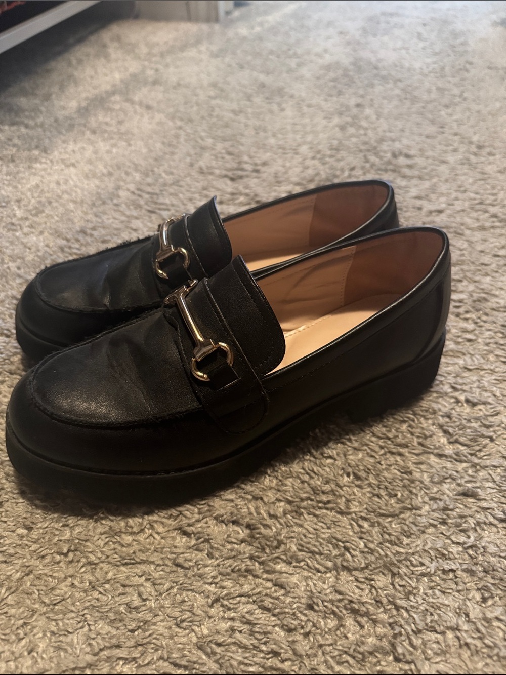 Princess Polly Saxton Black Leather Loafers with Gold Horsebit